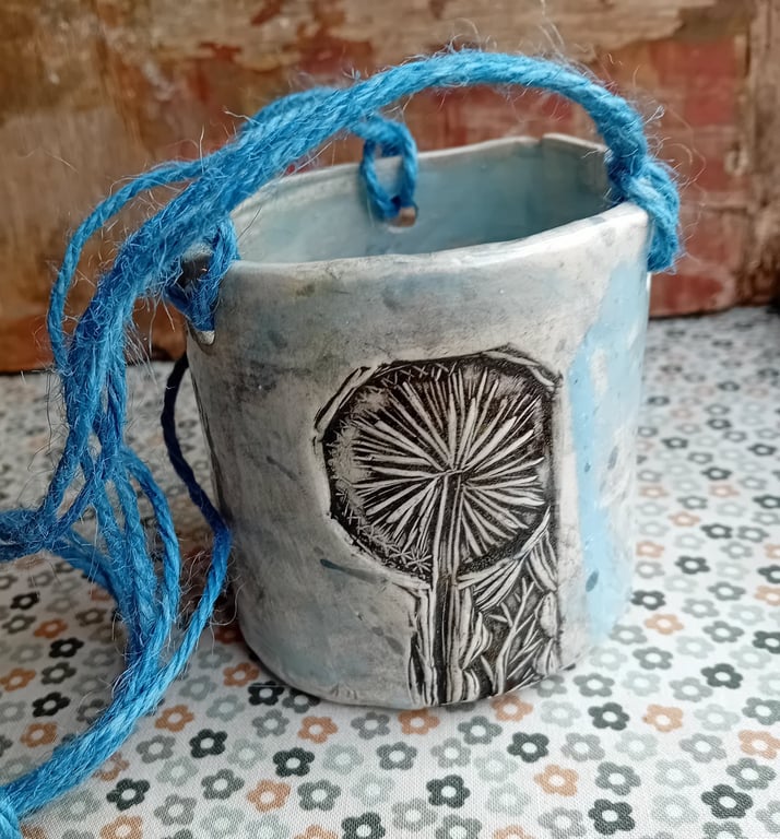 blue dandelion watercolour handmade plant pot ceramic pottery stoneware