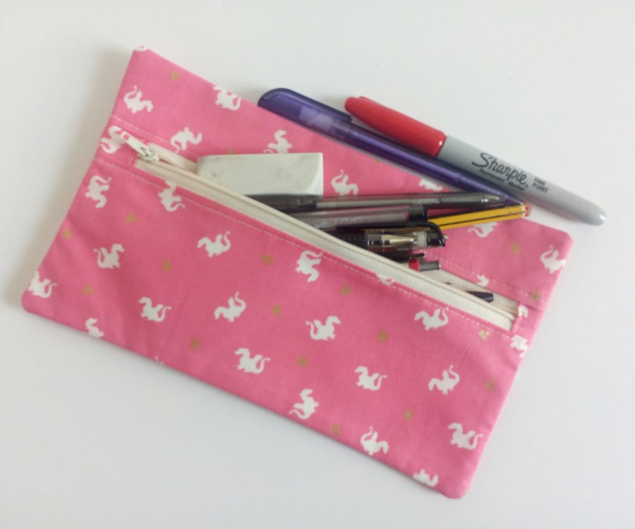 Dragon Pencil case, zipper pouch, lined cotton bag, back to school, drawing