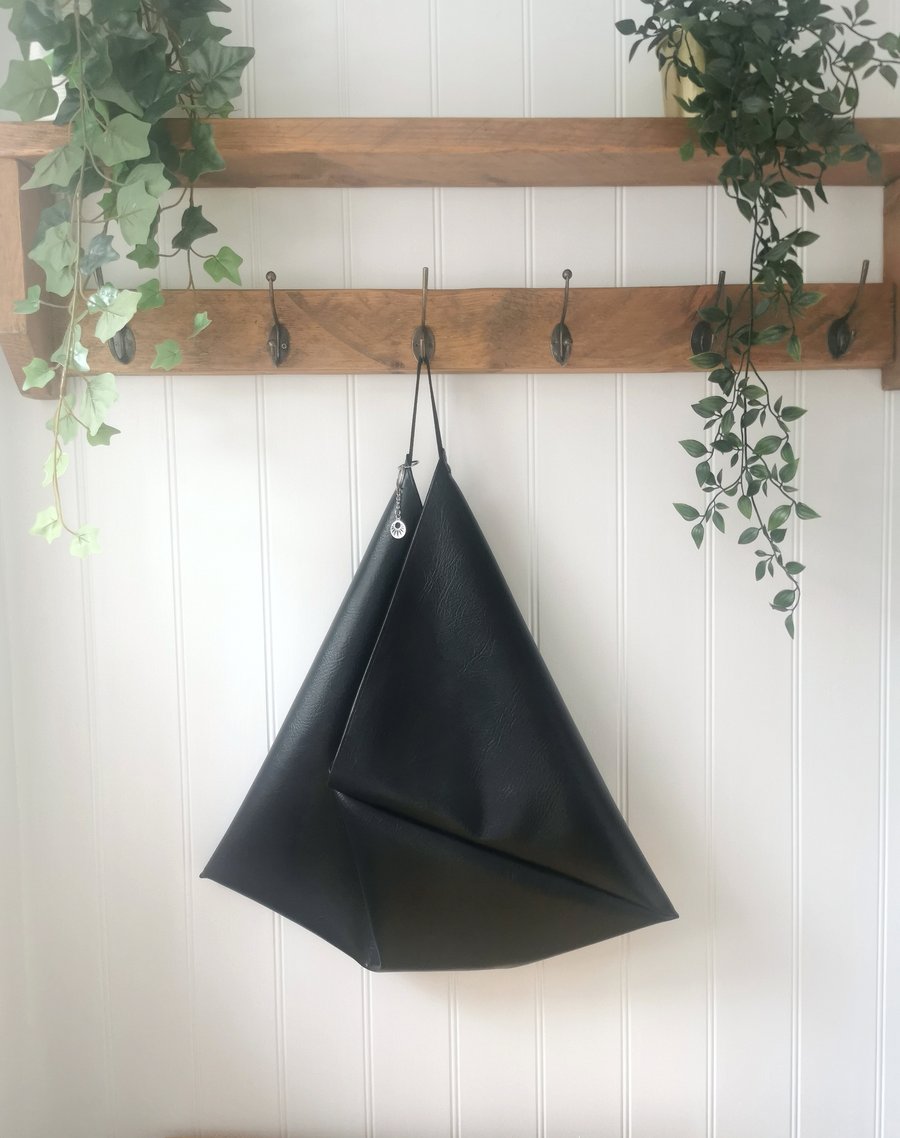 Black Vegan Leather Origami Bag with Faux Suede Straps and Silver Charm