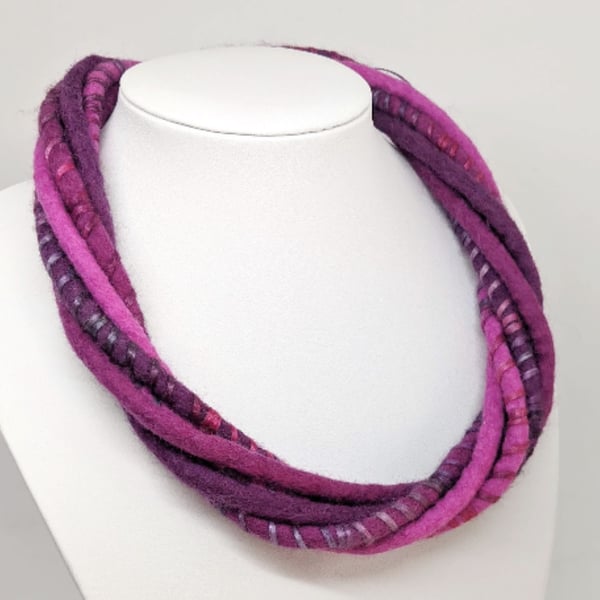 The Wrapped Twist: felted cord necklace in deep pink purple berry shades