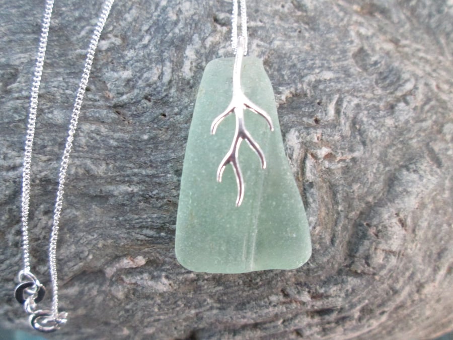 Lime Green Seaglass Pendant Necklace, Sterling Silver chain, branching seaweed