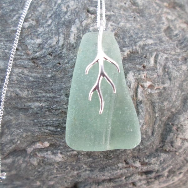 Lime Green Seaglass Pendant Necklace, Sterling Silver chain, branching seaweed