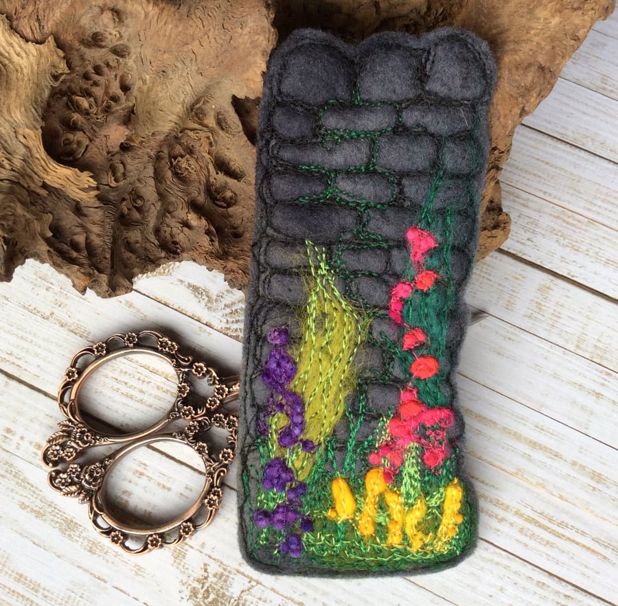 Dry stone wall and hedgerow embroidered bookmark. 