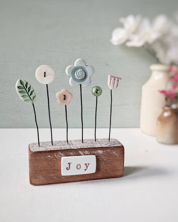 Clay and Button Flower Garden in a Wood Block 'Joy'