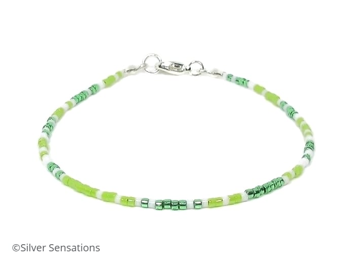 Green & White Boho Seed Bead Anklet, Green Layering Anklet, Surfer Anklet - 10"