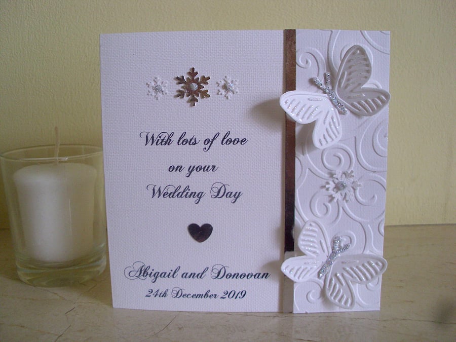  Winter Wedding Card - Sparkly Butterflies - Personalised - Congratulations