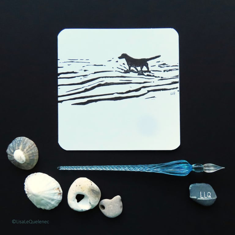 Hand printed art card dog at the beach