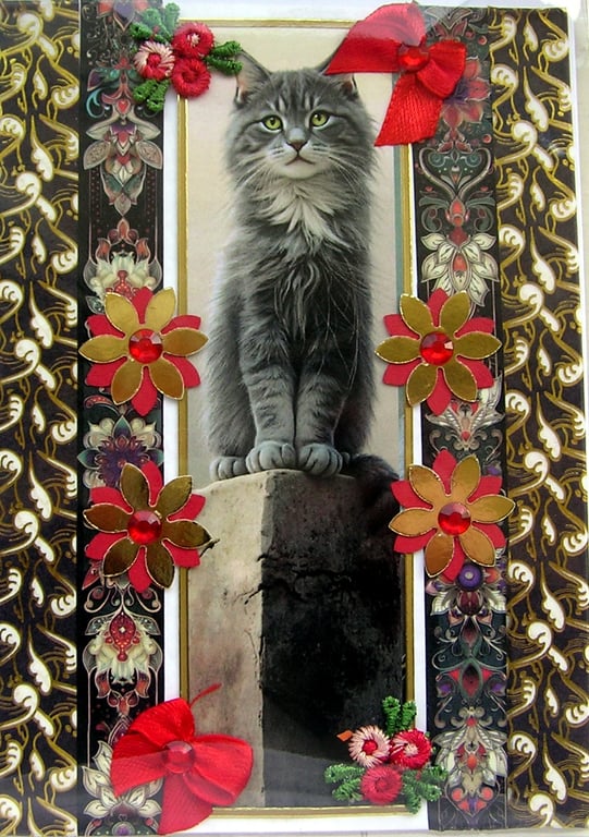Grey Fluffy Cat - Hand Crafted Decoupage Greeting Card - Blank - 3172