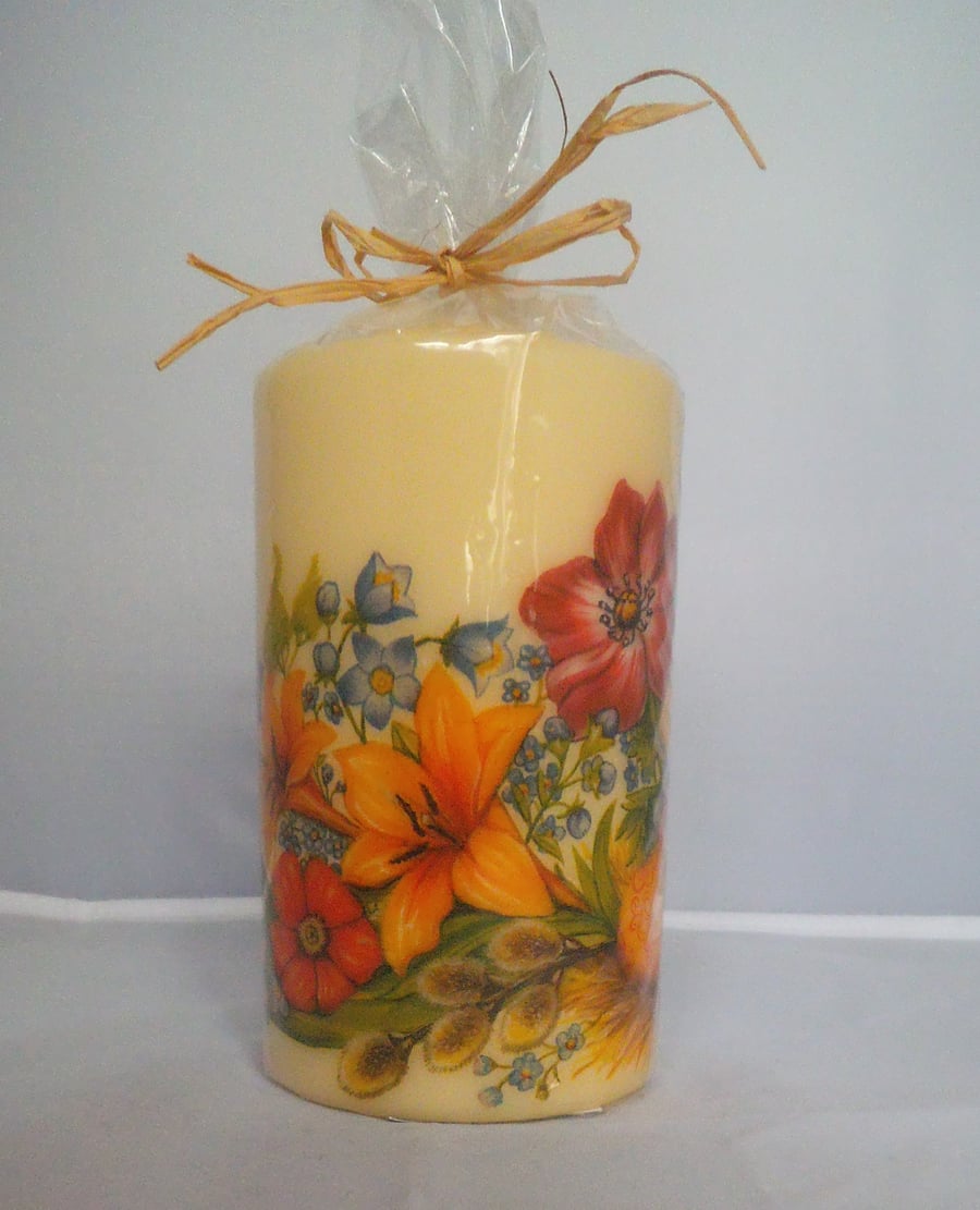 Decorated Candle Easter Floral Eggs Spring Napkin Decoupage Large Unusual 