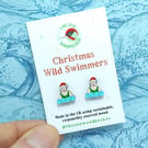 Christmas Swimmer Earrings, Xmas Studs, Silver Plated or Sterling Silver Backs