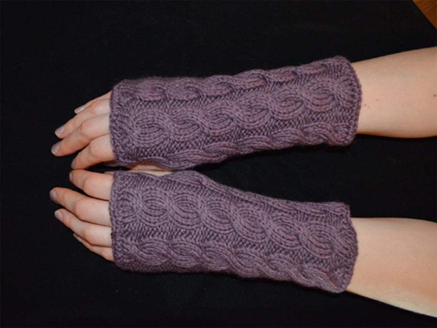 Wool, Acrylic Wrist Warmers Cable Knit pattern fingerless driving gloves, purple