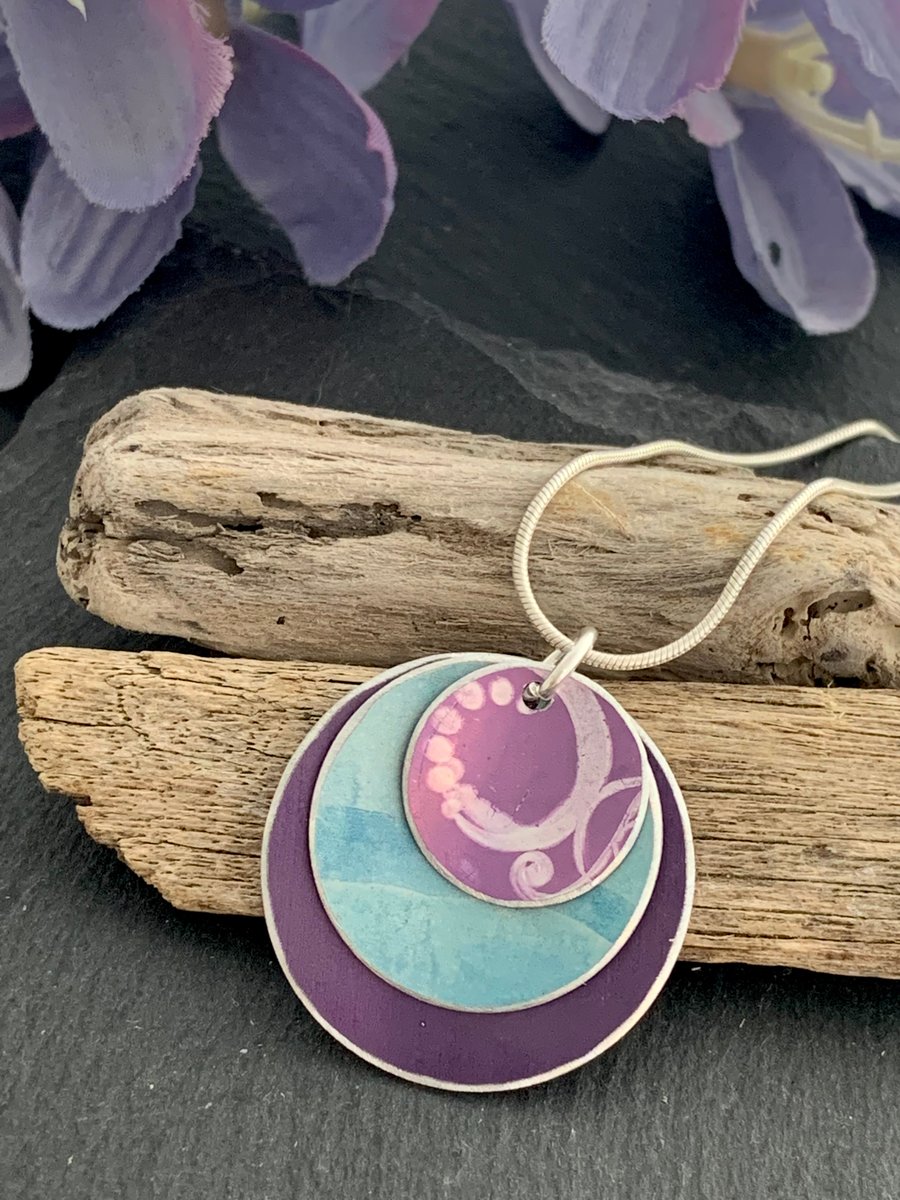 Water colour collection - hand painted aluminium pendant, teal and purple print