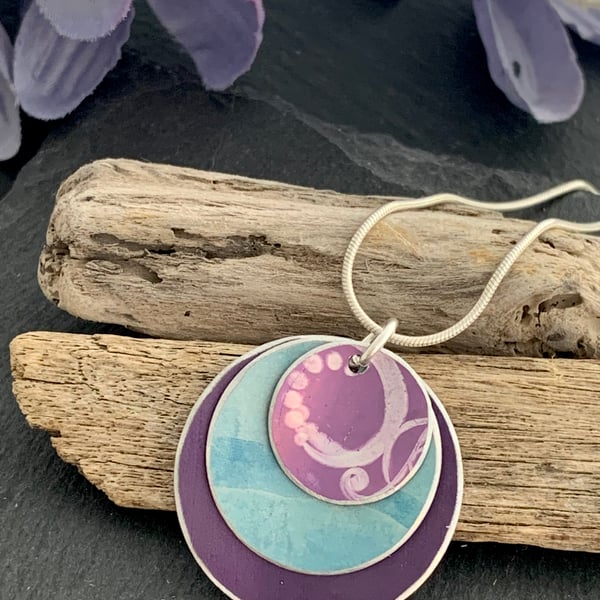 Water colour collection - hand painted aluminium pendant, teal and purple print