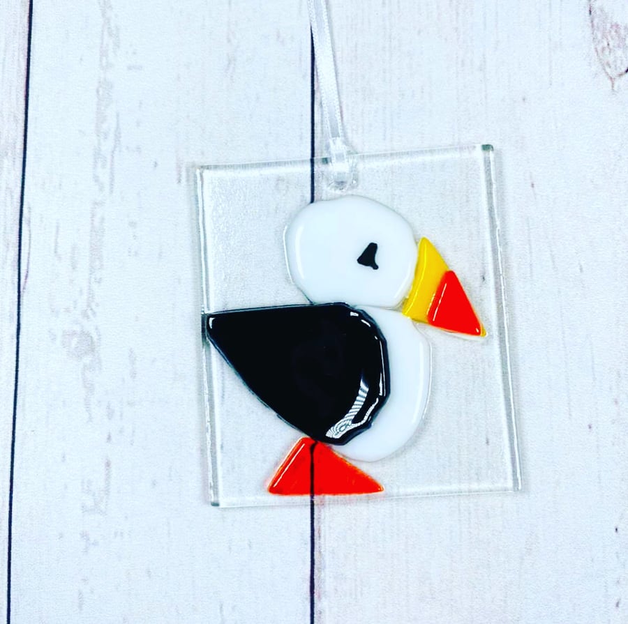 Fused glass  puffin hanging decoration