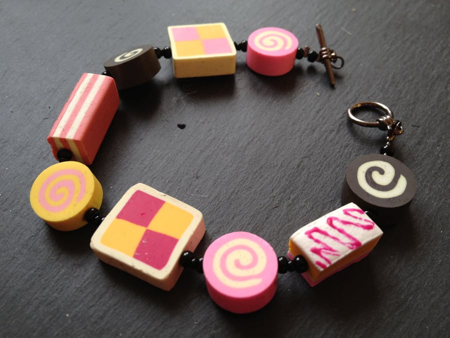 Tea Time Battenberg, Angel cake, Pink Wafer and Swiss Roll Polymer Clay Bracelet