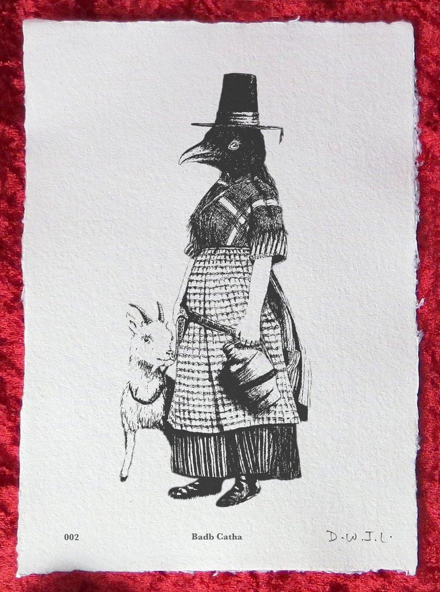 Badb Catha - Handmade Khadi Paper Giclée Print - David W. J. Lloyd - Crow, Goat