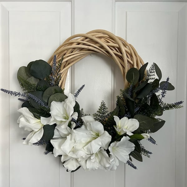 Pale Willow Year-Round Front Door Wreath with Eucalyptus and White Gladioli