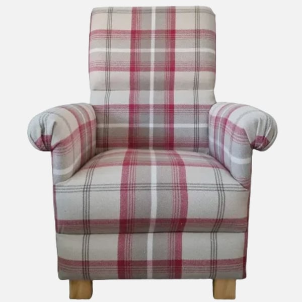 Children's Armchair Balmoral Cranberry Red Check Kids Chair Cream Living Room 