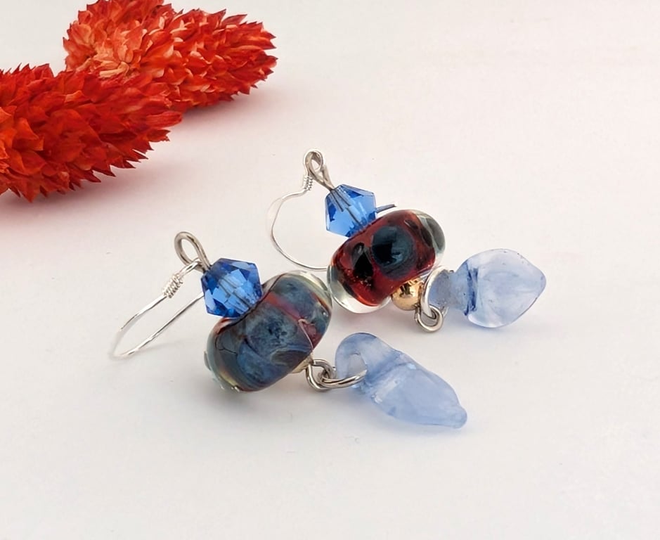 Art Glass Lampwork Earrings: Swarovski Crystal, Sterling Silver