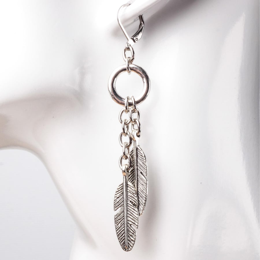 Silver feather earrings - long chain dangle stainless steel lever back earrings