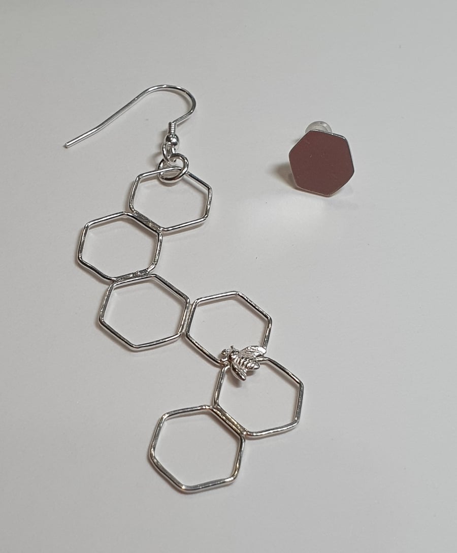Contrasting honeycomb earrings- sterling silver