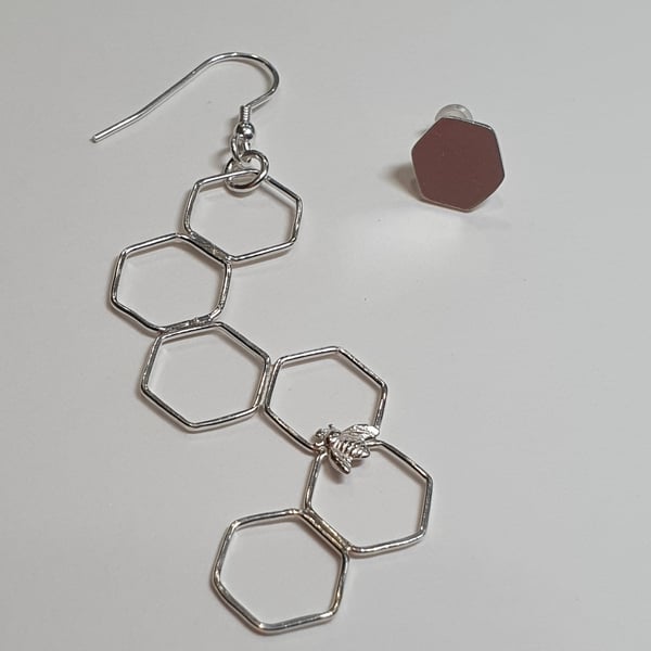 Contrasting honeycomb earrings- sterling silver