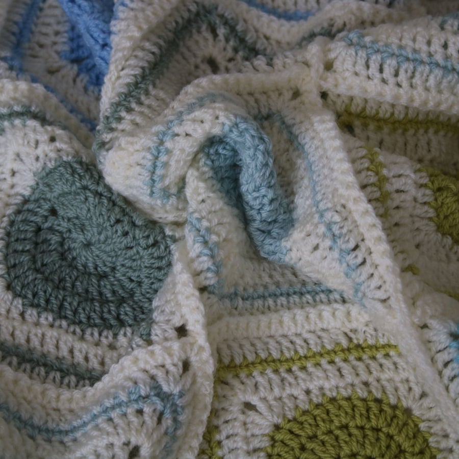 Handmade Circle to Square Blue Green Crochet Blanket