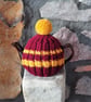 Small Tea Cosy for 2 Cup Tea Pot, Dark Red & Gold Striped, Hand Knitted - Image 2