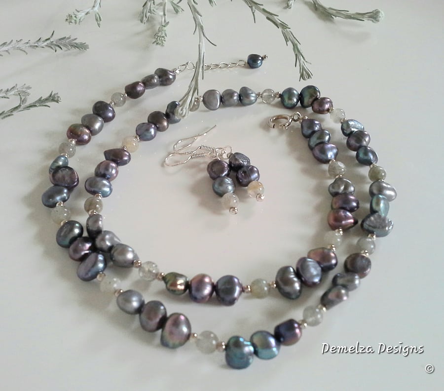 Freshwater Baroque Peacock Pearls, Moonstone Necklace & Earrings Set 925