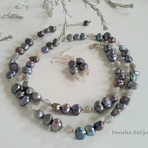 Freshwater Peacock Culture Pearls, Grey  Moonstone Sterling Silver Necklace Set