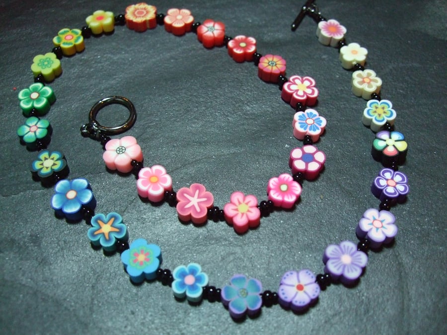 Flower Power Rainbow Garland Kitsch Polymer Clay Necklace 16 inch