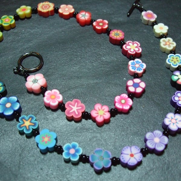 Flower Power Rainbow Garland Kitsch Polymer Clay Necklace 16 inch