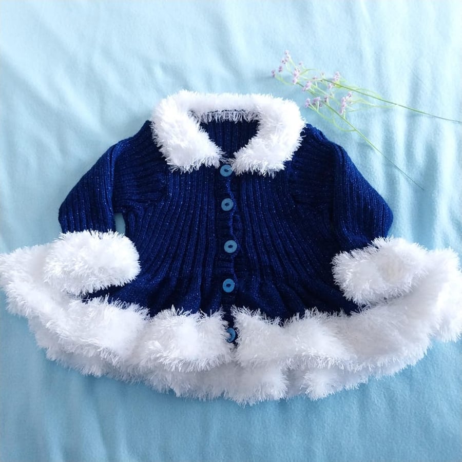 Hand Knitted Girls Navy Sparkle Peplum Cardigan with Faux Fur Trim Age 2-4
