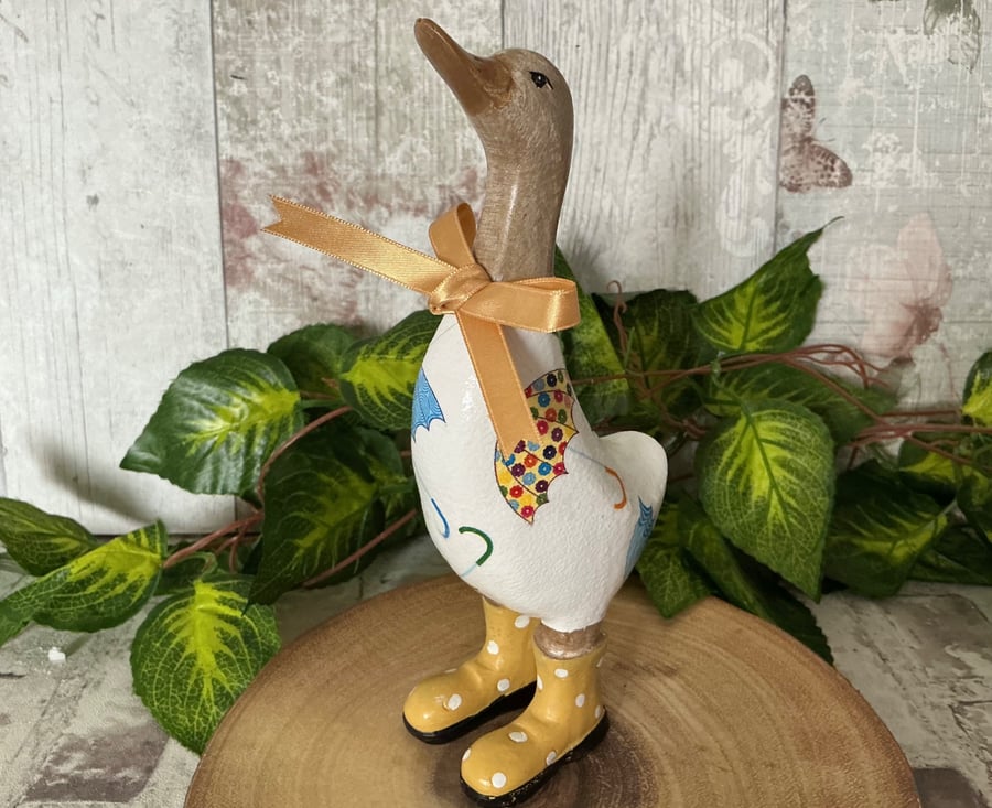 Duck Ornament. Decoupaged. Umbrellas.