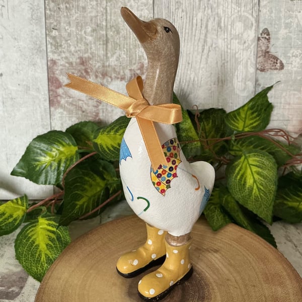 Duck Ornament. Decoupaged. Umbrellas.