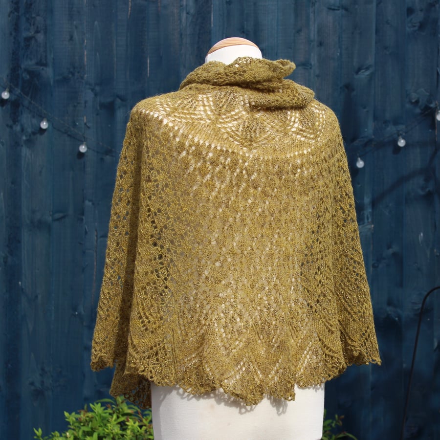 Hand knit beaded lace shawl in moss green vintage Shetland Wool - design LF106