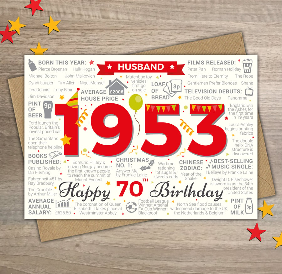 Happy 70th Birthday HUSBAND Greetings Card - Born In 1953 Year of Birth Facts