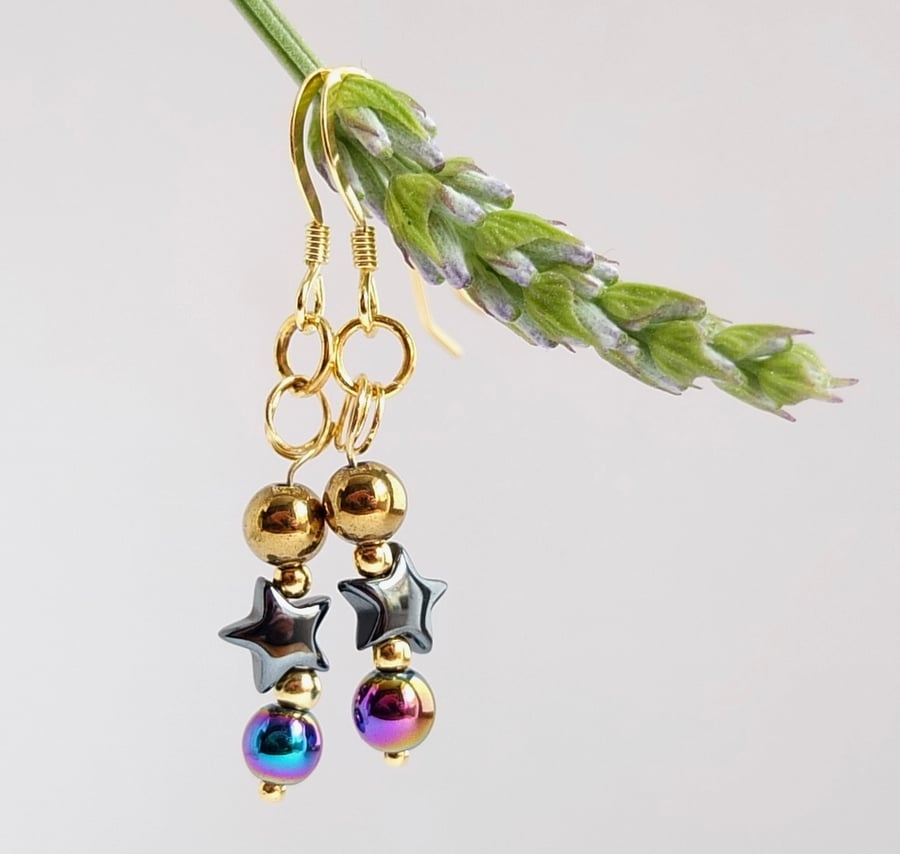 Hematite Star and Gold Vermeil Drop Earrings.