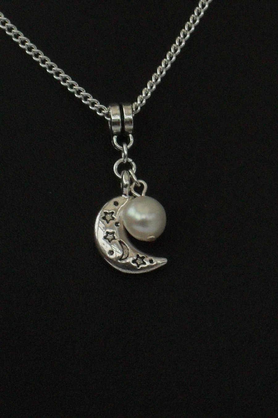  White pearl and moon charm necklace
