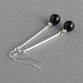 Long Jet Black Drop Earrings - Simple Onyx and Sterling Silver Bar Jewellery