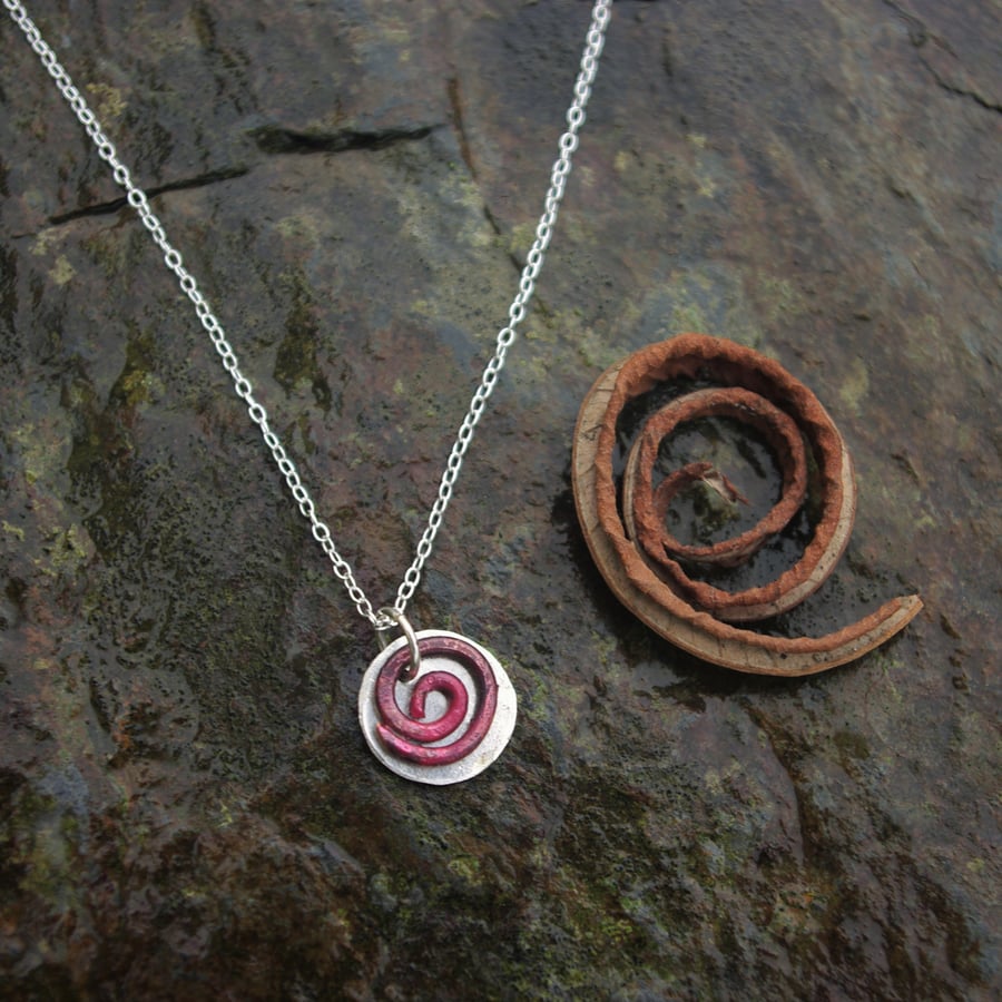 Eco Silver and Red Copper Spiral Necklace