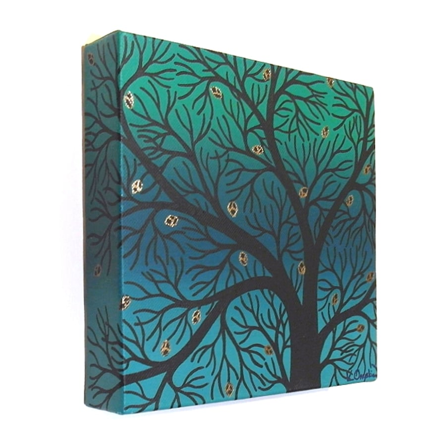 Green Spring Tree Canvas Art - original acrylic painting of silhouette branches 