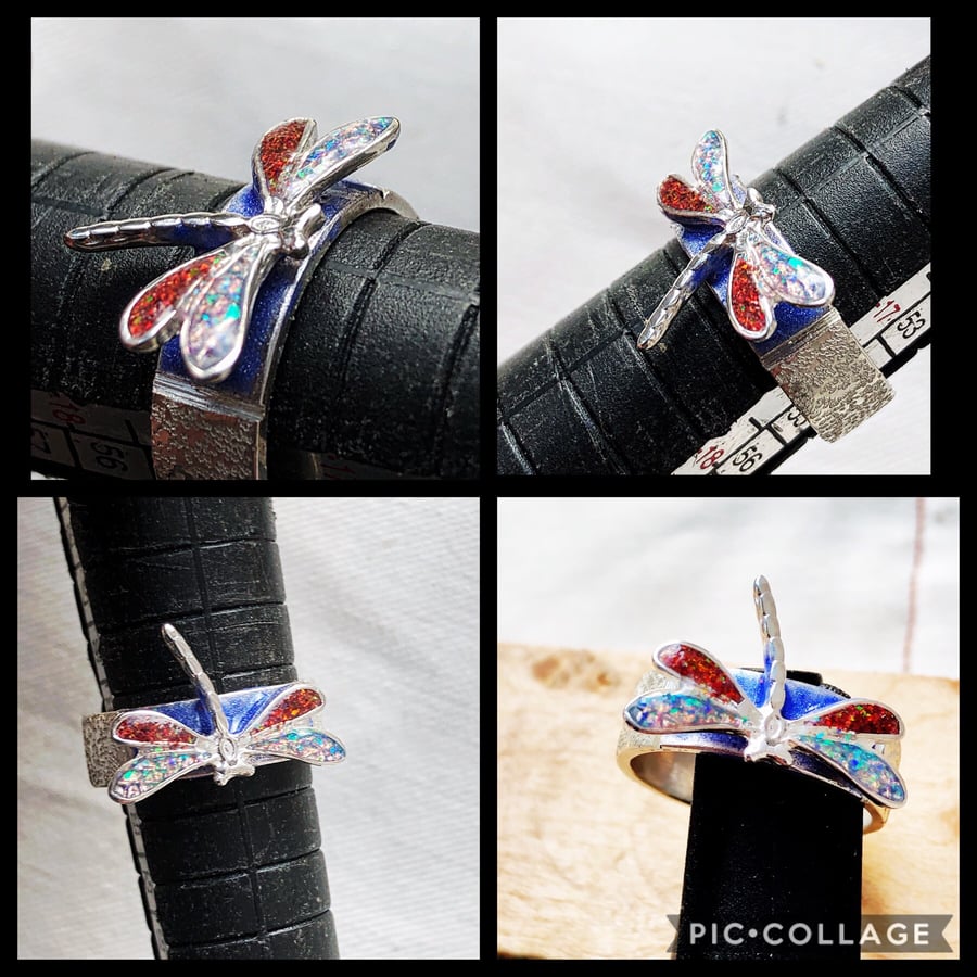 Sterling Silver and Opal Dragonfly Silver Diamond Textured Ring