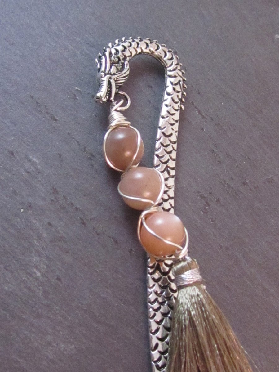Peach Moonstone Dragon Bookmark, Wire Wrapped Bookmark