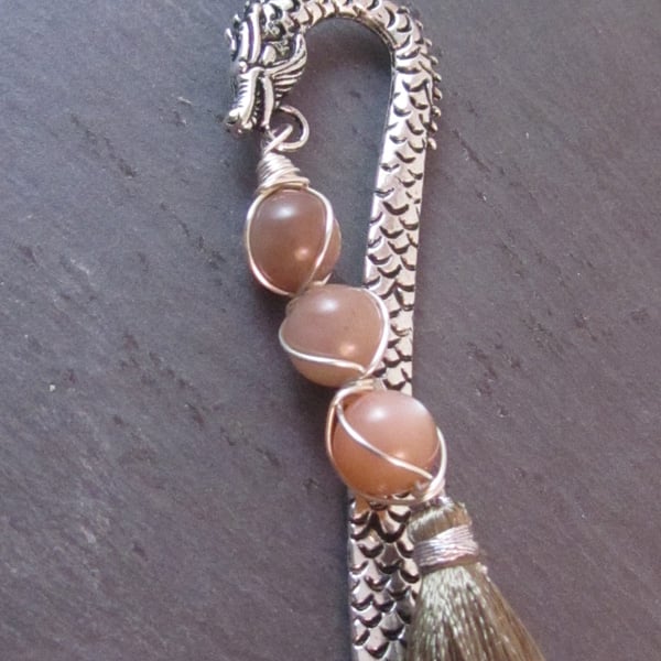 Peach Moonstone Dragon Bookmark, Wire Wrapped Bookmark