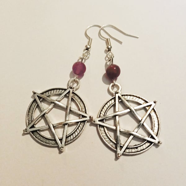 Purple Amethyst Pentacle Pentagram Earrings Wicca Pagan New Age