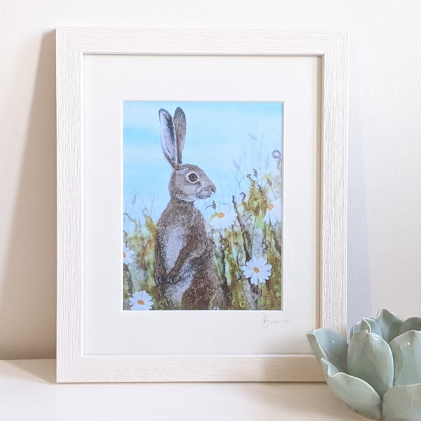 Meadow Hare framed print, embroidered textile art