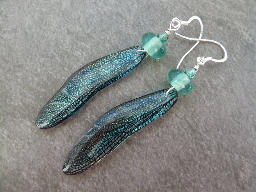 sterling silver, green fairy wing earrings