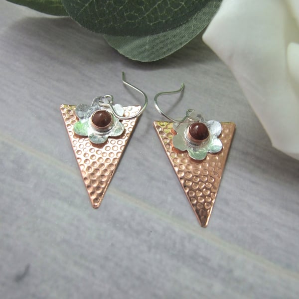 Earrings, Sterling Silver and Copper Triangle & Flower Droppers