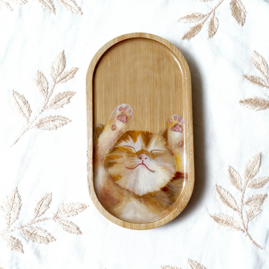 Hand-Painted Bamboo Tray – Sleeping Cat Design